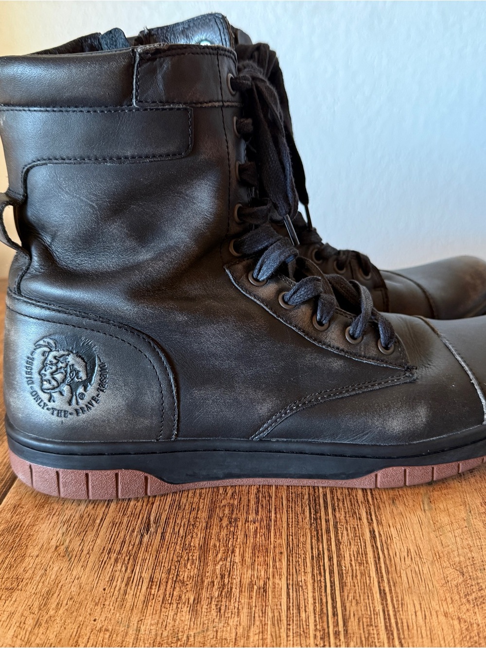 Diesel Black Leather Lace-Up Combat Boots with Brown Outsole